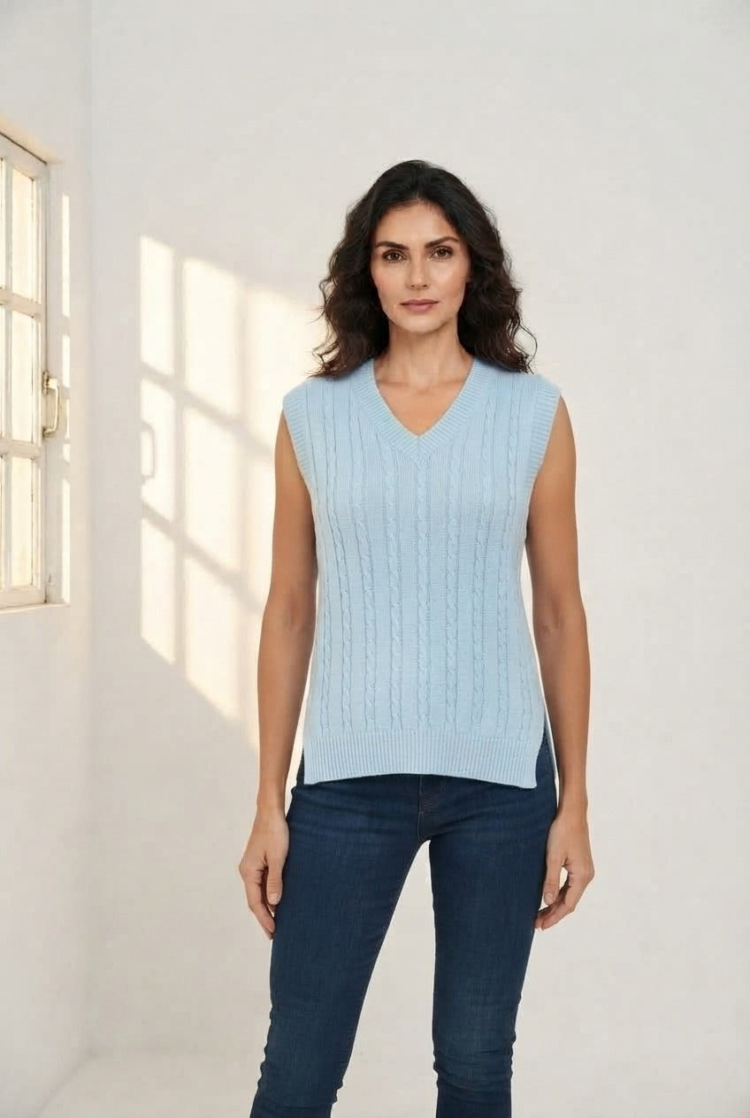 Basic Wear Club | V-Neck Cable Knit Sweater Vest | Cozy Sleeveless Knit Top for Women