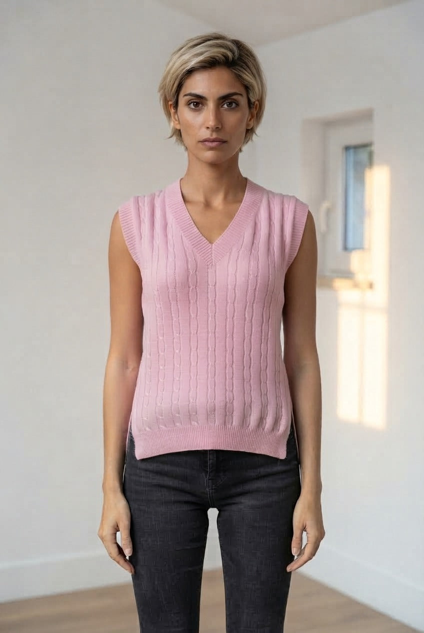 Basic Wear Club | V-Neck Cable Knit Sweater Vest | Cozy Sleeveless Knit Top for Women