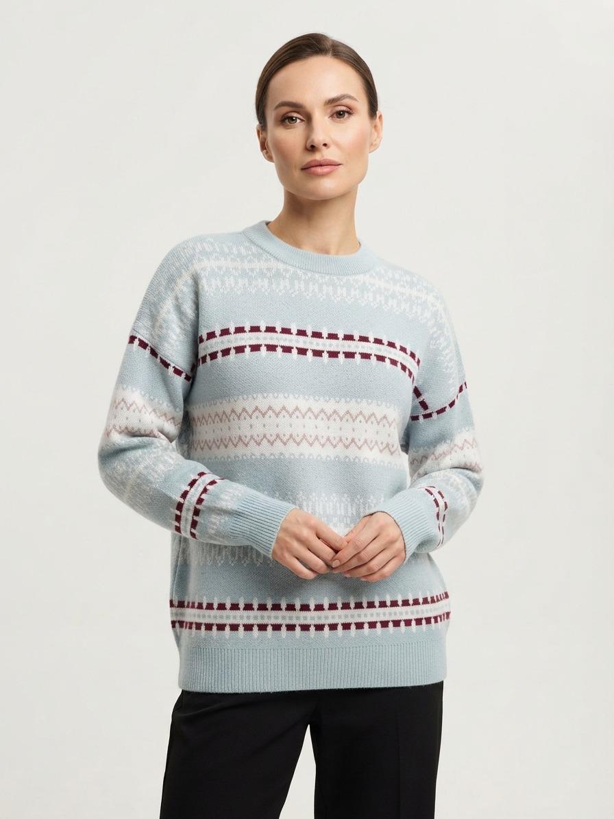 Basic Wear Club | Women's Patterned Crew Neck Knit Sweater | Winter Top