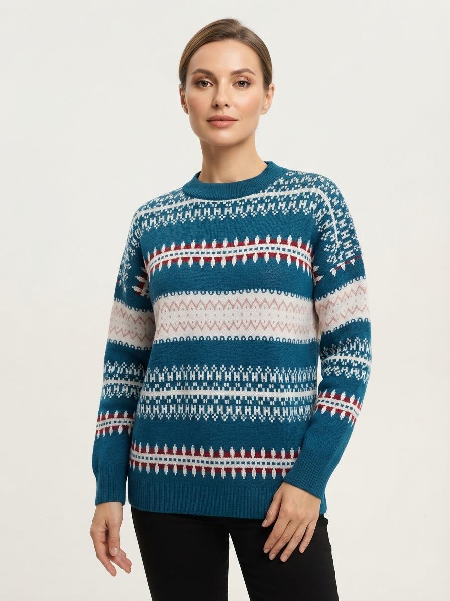 Basic Wear Club | Women's Patterned Crew Neck Knit Sweater | Winter Top
