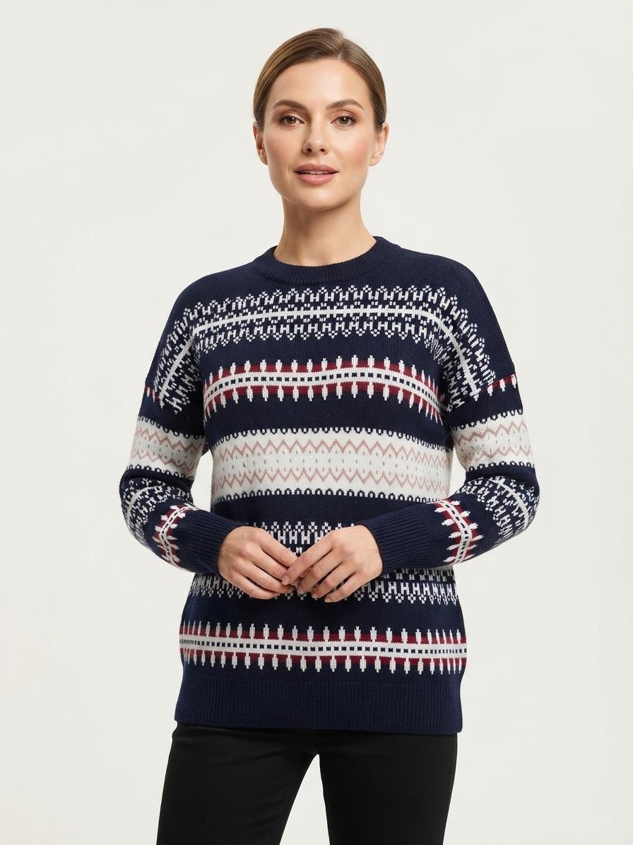 Basic Wear Club | Women's Patterned Crew Neck Knit Sweater | Winter Top