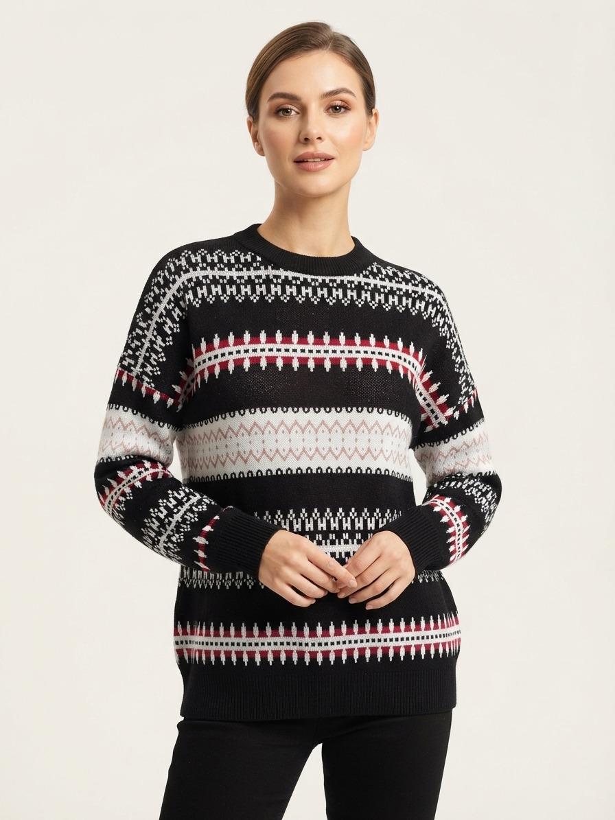 Basic Wear Club | Women's Patterned Crew Neck Knit Sweater | Winter Top