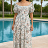 White Floral Short Sleeves Maxi Dress