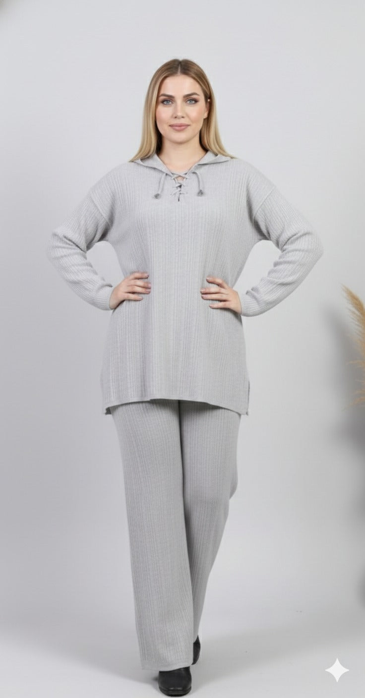 Ribbed Knit Lounge Set – Lace-Up Collar Top & Wide-Leg Pants