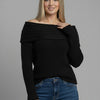 Off-Shoulder Ribbed Knit Sweater – Foldover Neck, Long Sleeve