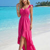 Basic Wear Club | Women's Ruffle Strap Smocked Waist V-Neck High-Low Summer Dress | One Size (Fits Up to 95KG)