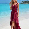 Basic Wear Club | Women's Ruffle Strap Smocked Waist V-Neck High-Low Summer Dress | One Size (Fits Up to 95KG)