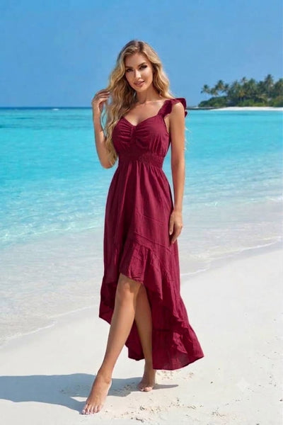Basic Wear Club | Women's Ruffle Strap Smocked Waist V-Neck High-Low Summer Dress | One Size (Fits Up to 95KG)