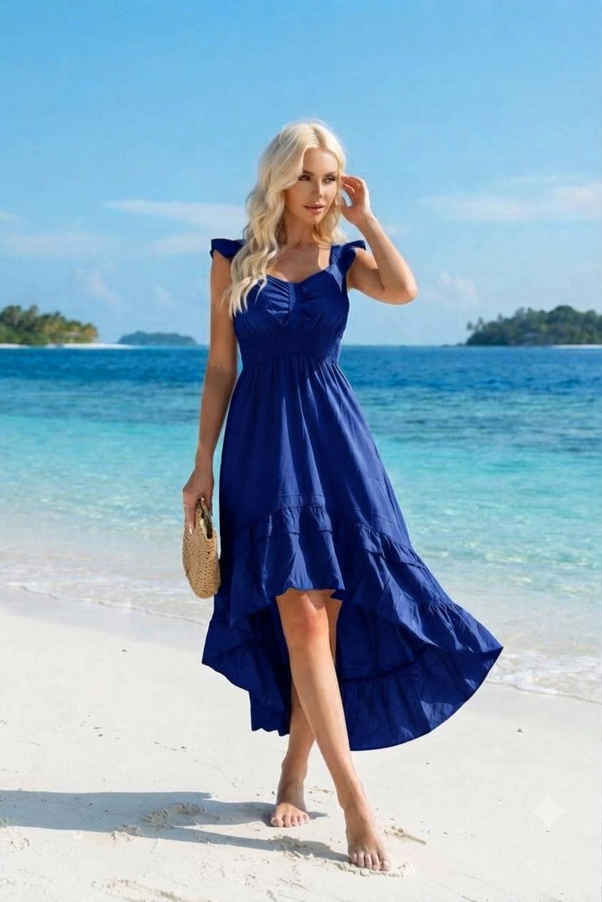 Basic Wear Club | Women's Ruffle Strap Smocked Waist V-Neck High-Low Summer Dress | One Size (Fits Up to 95KG)