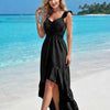 Basic Wear Club | Women's Ruffle Strap Smocked Waist V-Neck High-Low Summer Dress | One Size (Fits Up to 95KG)