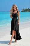 Basic Wear Club | Women's Ruffle Strap Smocked Waist V-Neck High-Low Summer Dress | One Size (Fits Up to 95KG)