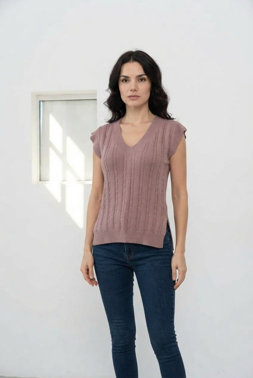 Basic Wear Club | V-Neck Cable Knit Sweater Vest | Cozy Sleeveless Knit Top for Women