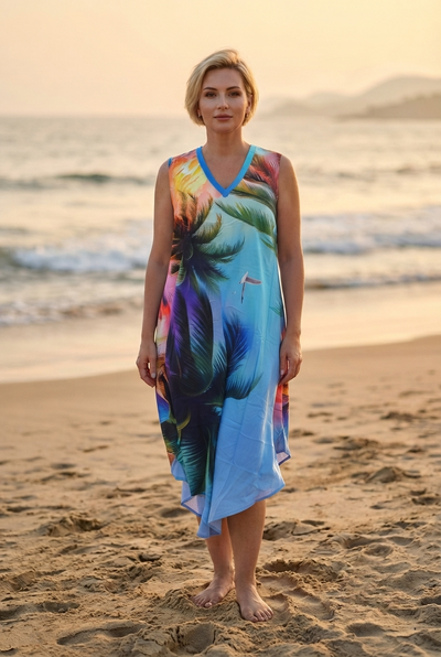 Women's Tropical Print Sleeveless V-Neck Asymmetrical Hem Summer Dress