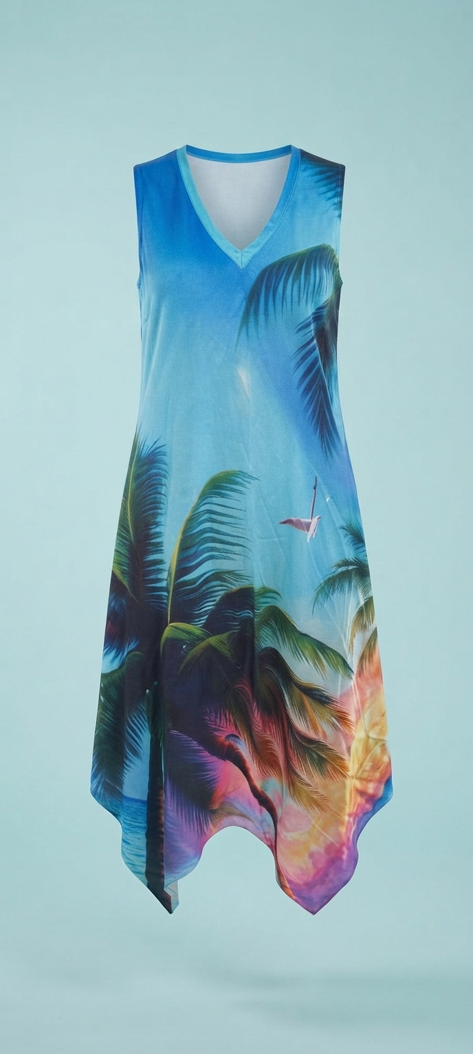 Women's Tropical Print Sleeveless V-Neck Asymmetrical Hem Summer Dress