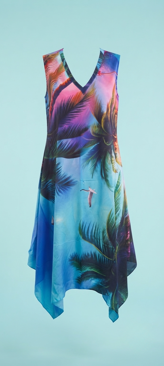 Women's Tropical Print Sleeveless V-Neck Asymmetrical Hem Summer Dress