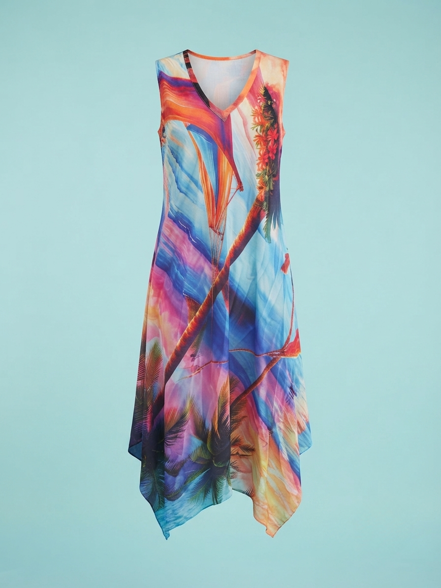 Women's Tropical Print Sleeveless V-Neck Asymmetrical Hem Summer Dress