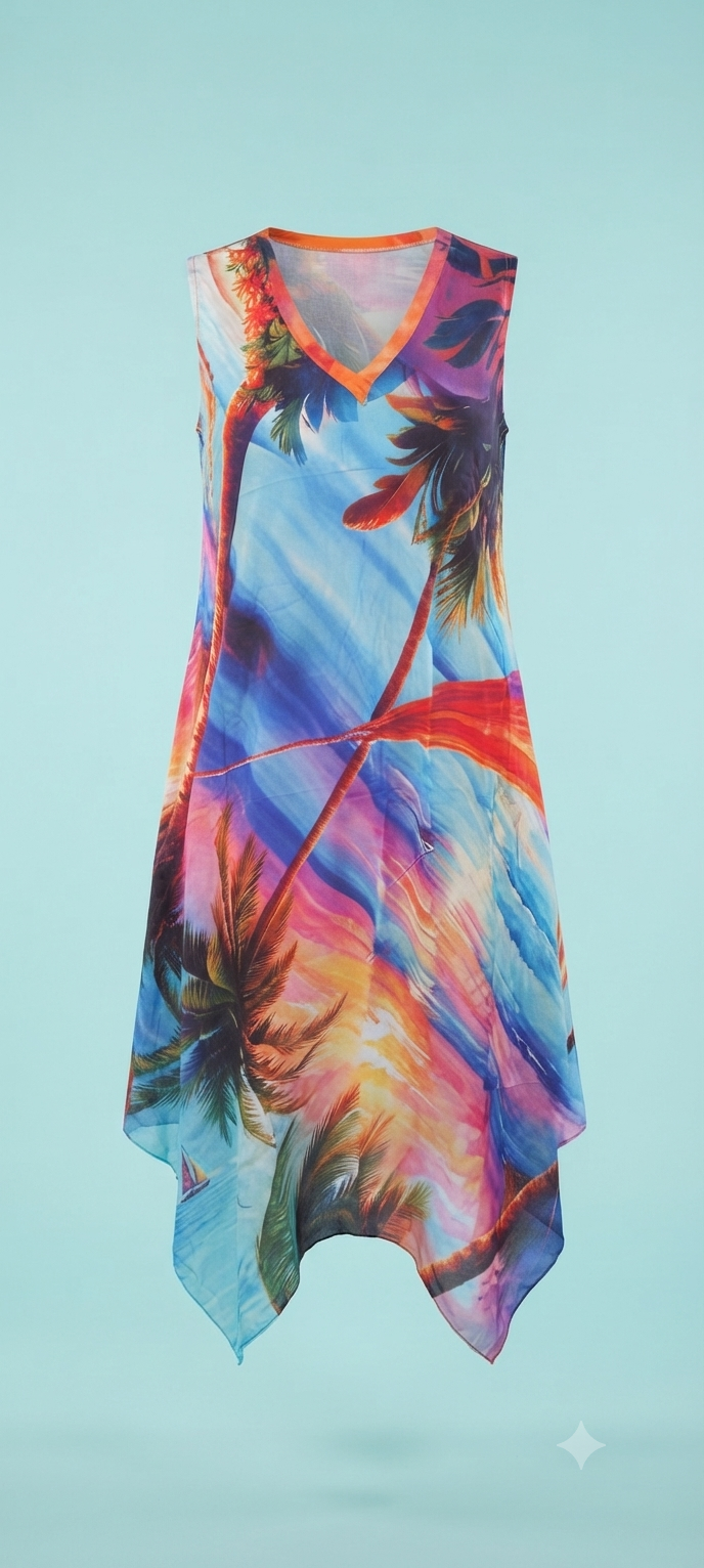Women's Tropical Print Sleeveless V-Neck Asymmetrical Hem Summer Dress