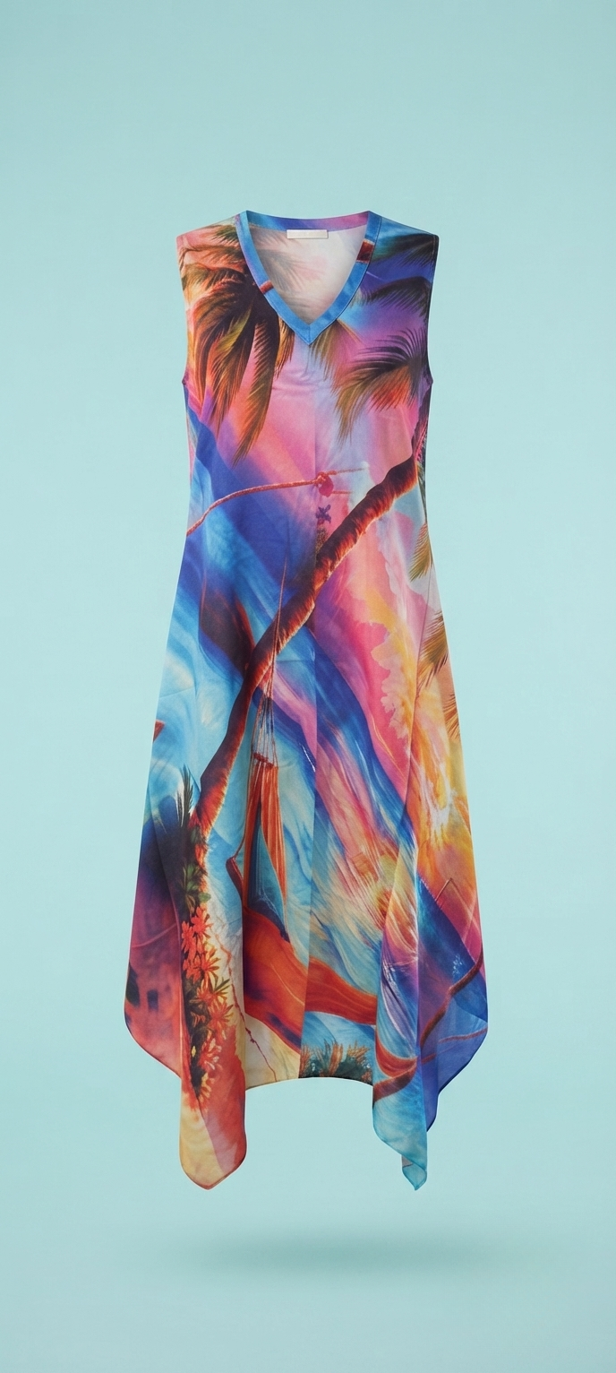 Women's Tropical Print Sleeveless V-Neck Asymmetrical Hem Summer Dress