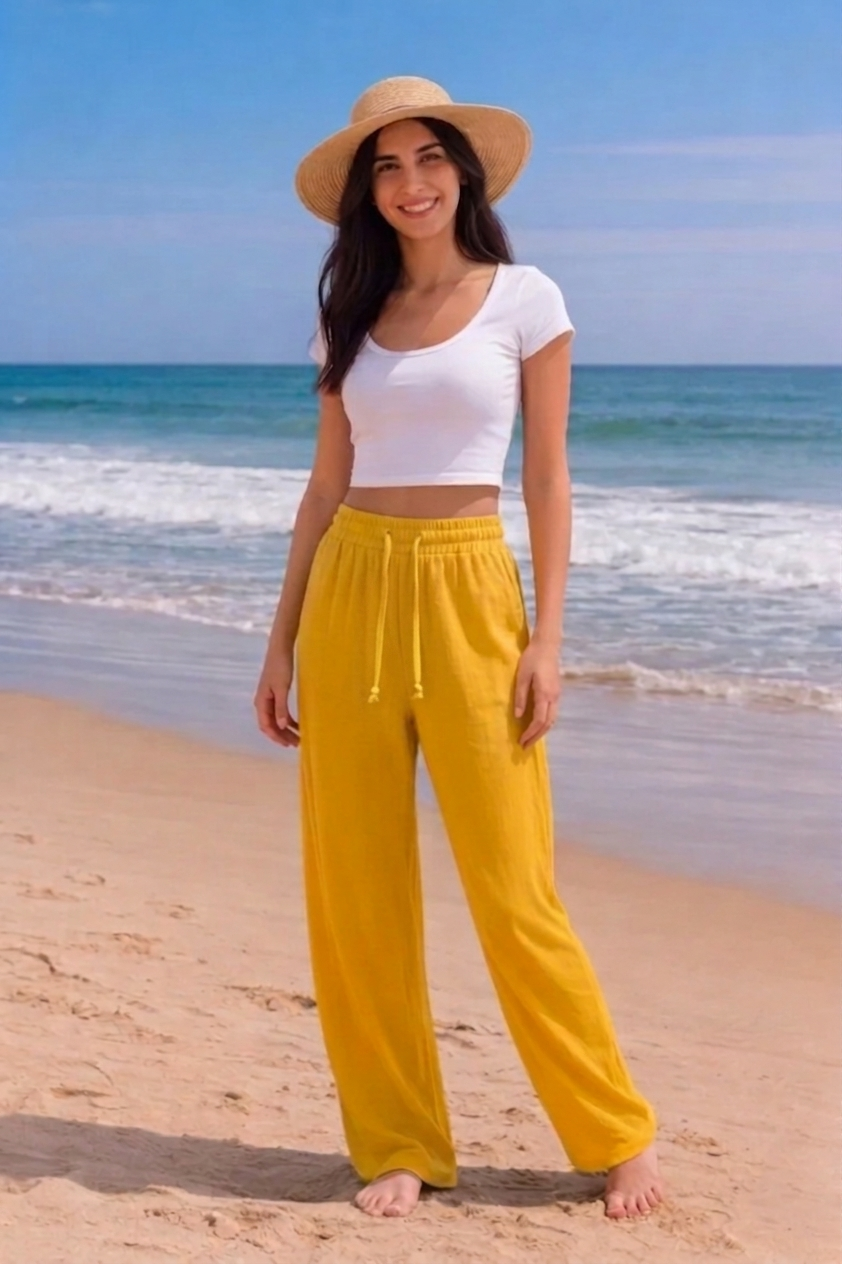 Yellow Plain Rayon Cotton Pants | Basic Wear Club