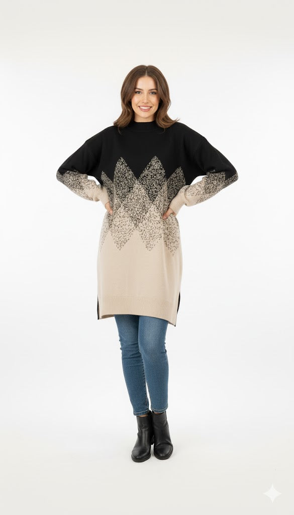 Geometric Pattern Oversized Turtleneck Top