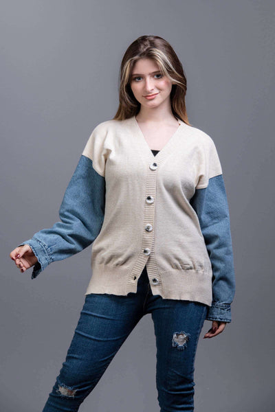 beige Knit Sweater with Denim Sleeveless