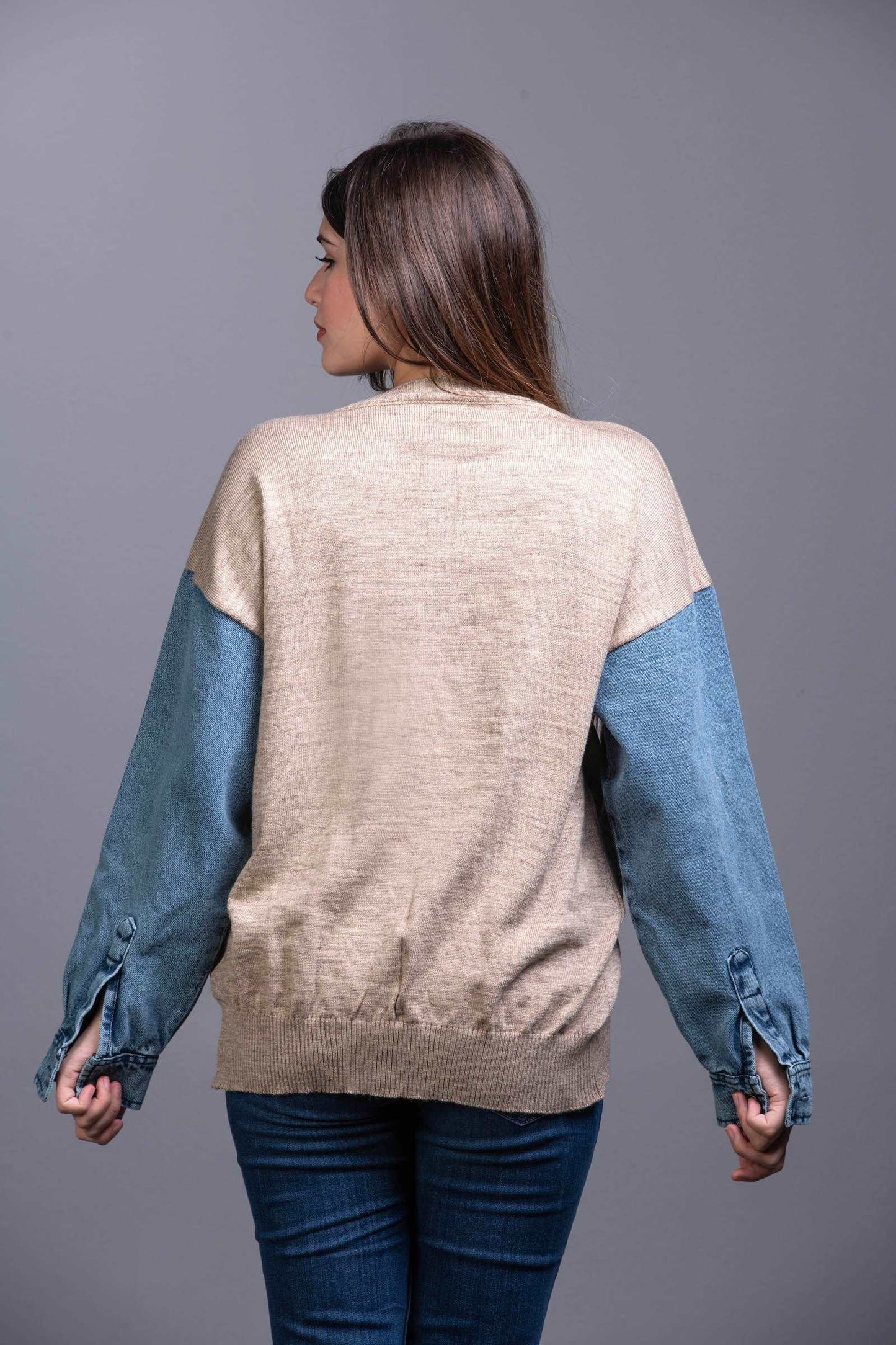 beige Knit Sweater with Denim Sleeveless