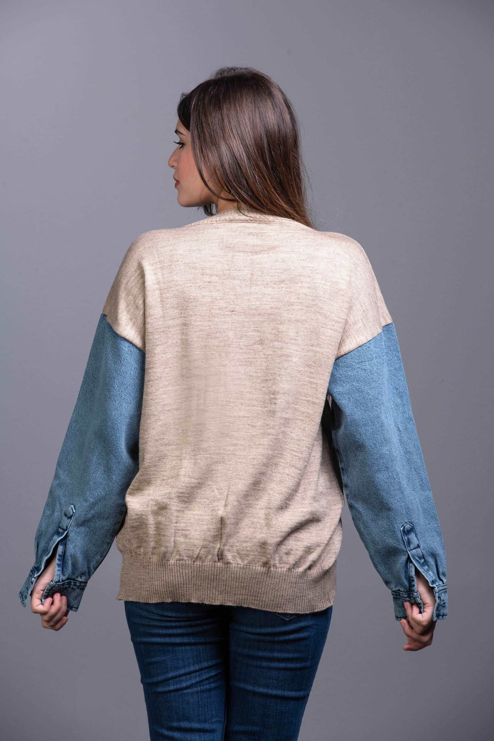 beige Knit Sweater with Denim Sleeveless
