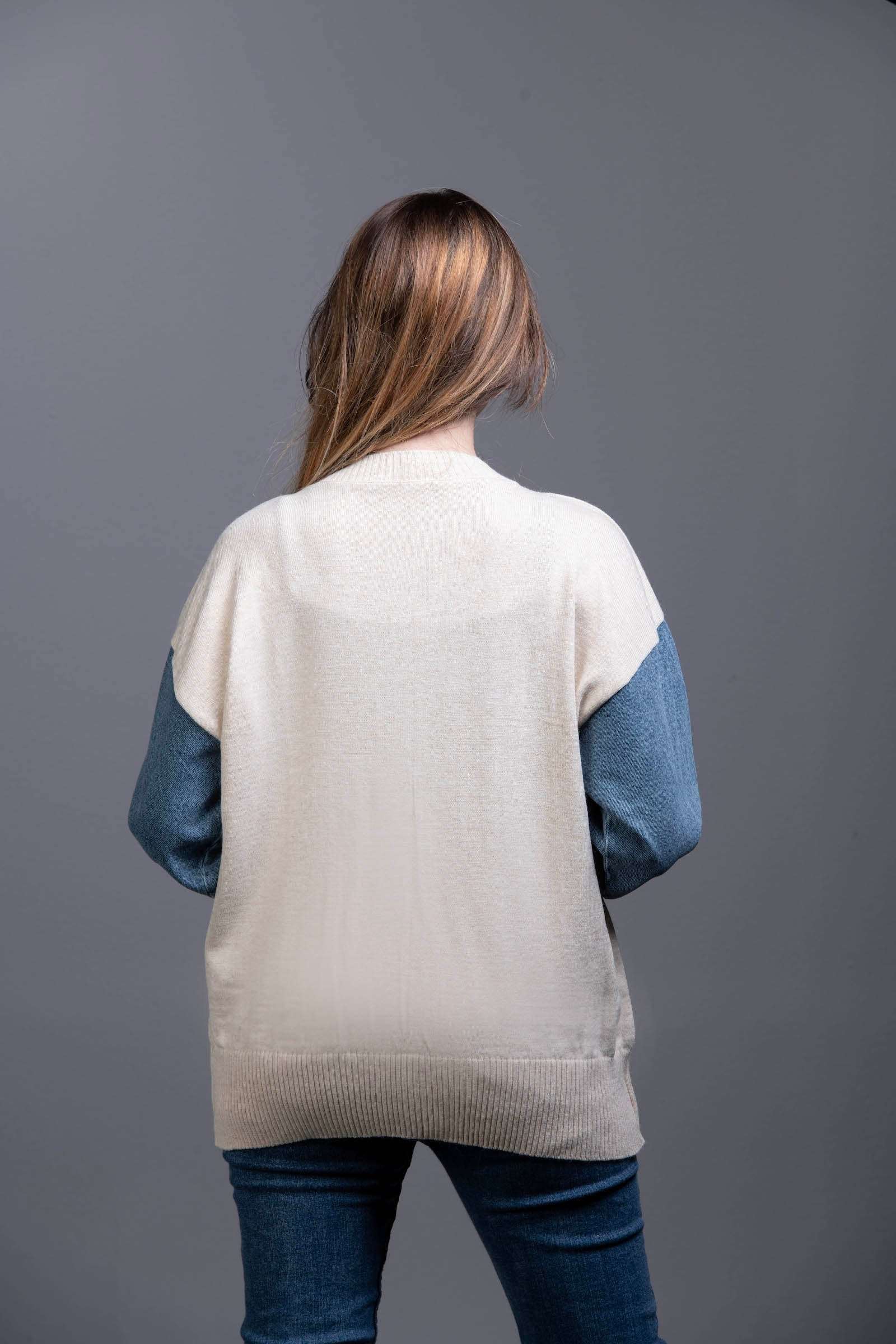 beige Knit Sweater with Denim Sleeveless