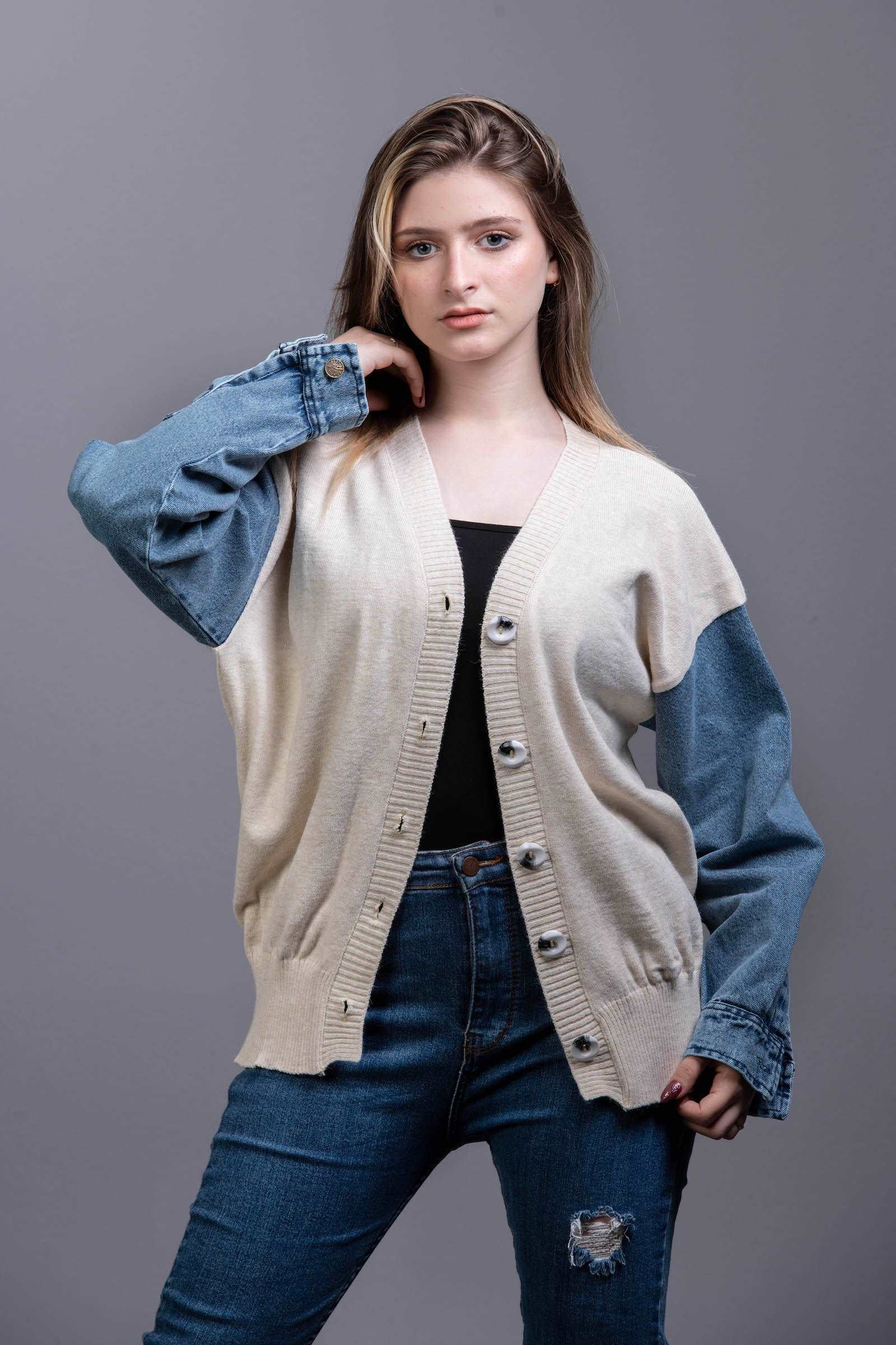 beige Knit Sweater with Denim Sleeveless