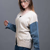 beige Knit Sweater with Denim Sleeveless