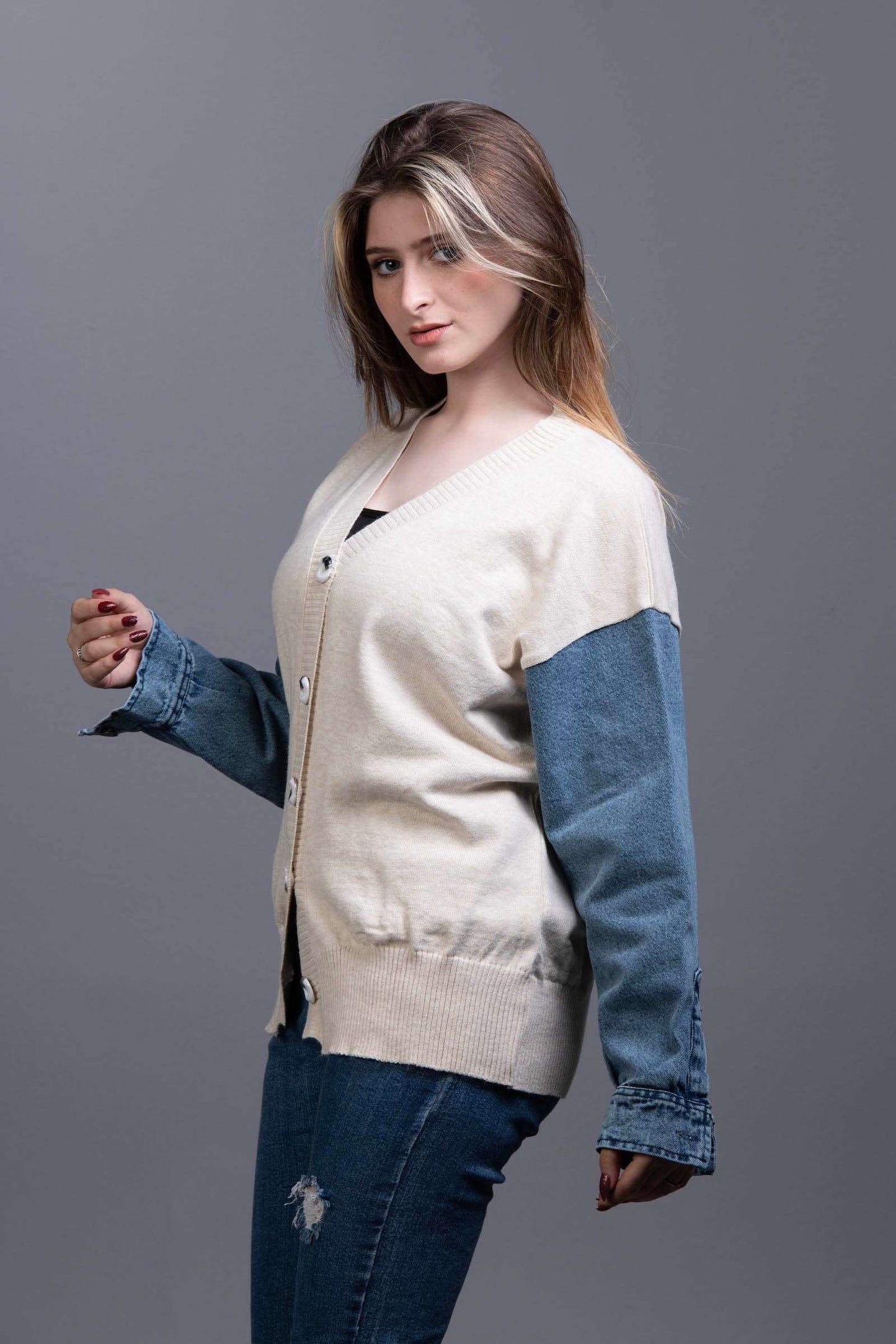 beige Knit Sweater with Denim Sleeveless