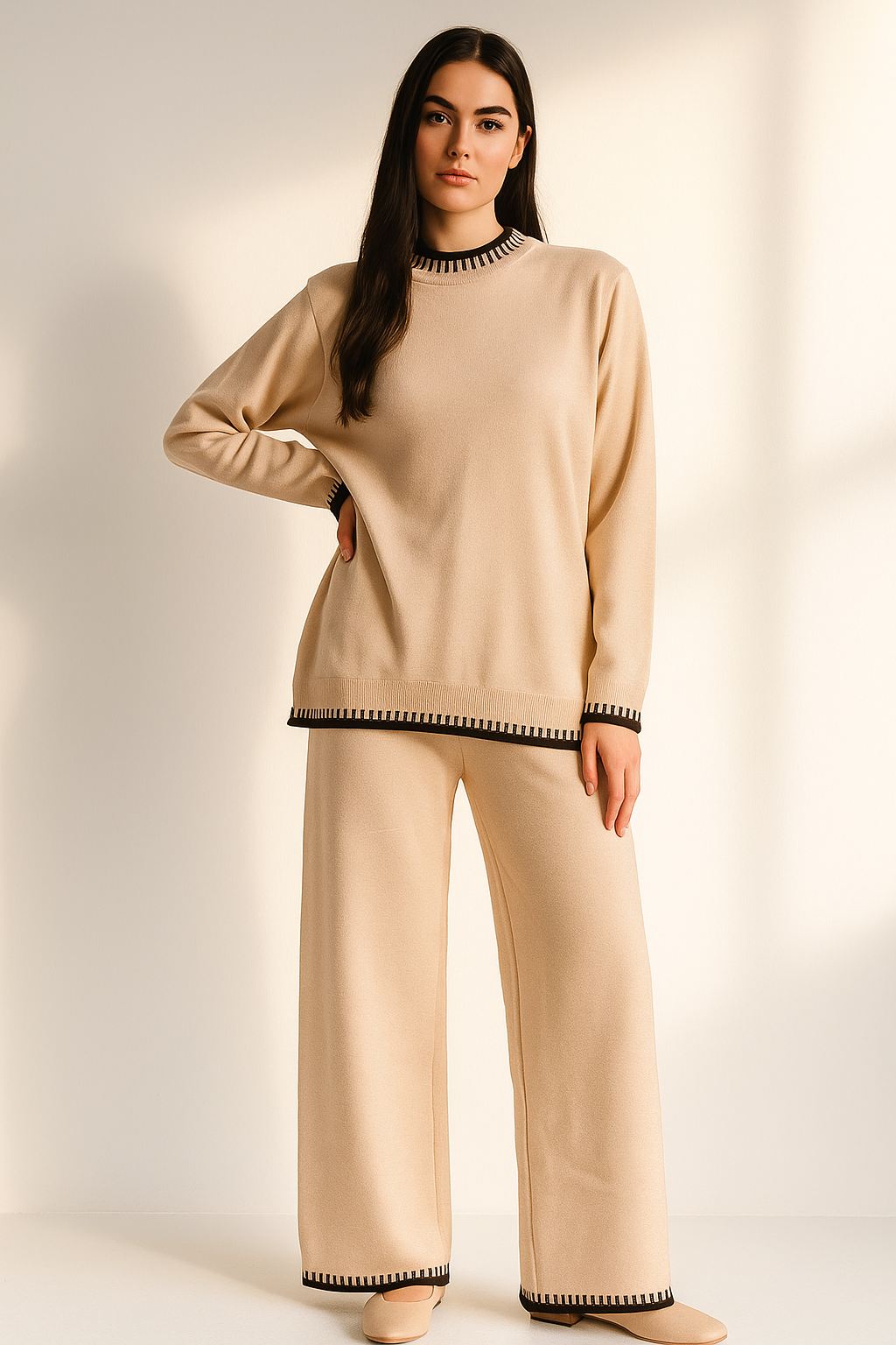 beige Two-Piece Knit Lounge Set with Contrast Trim