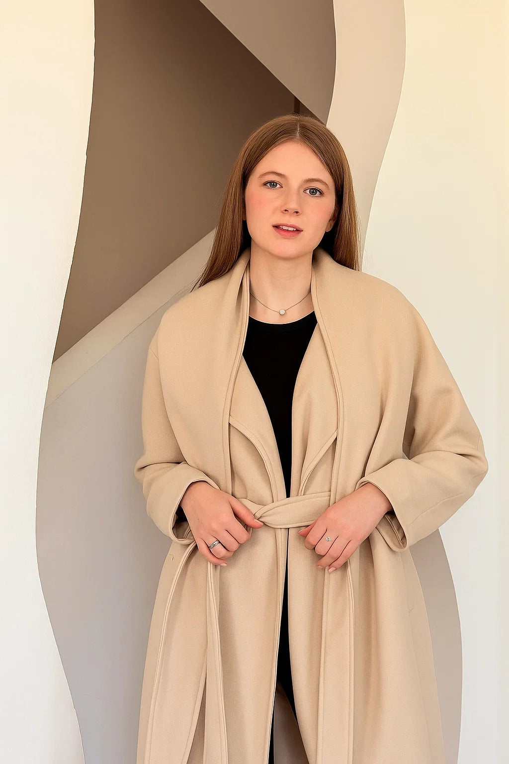 beige Wool-Blend Coat