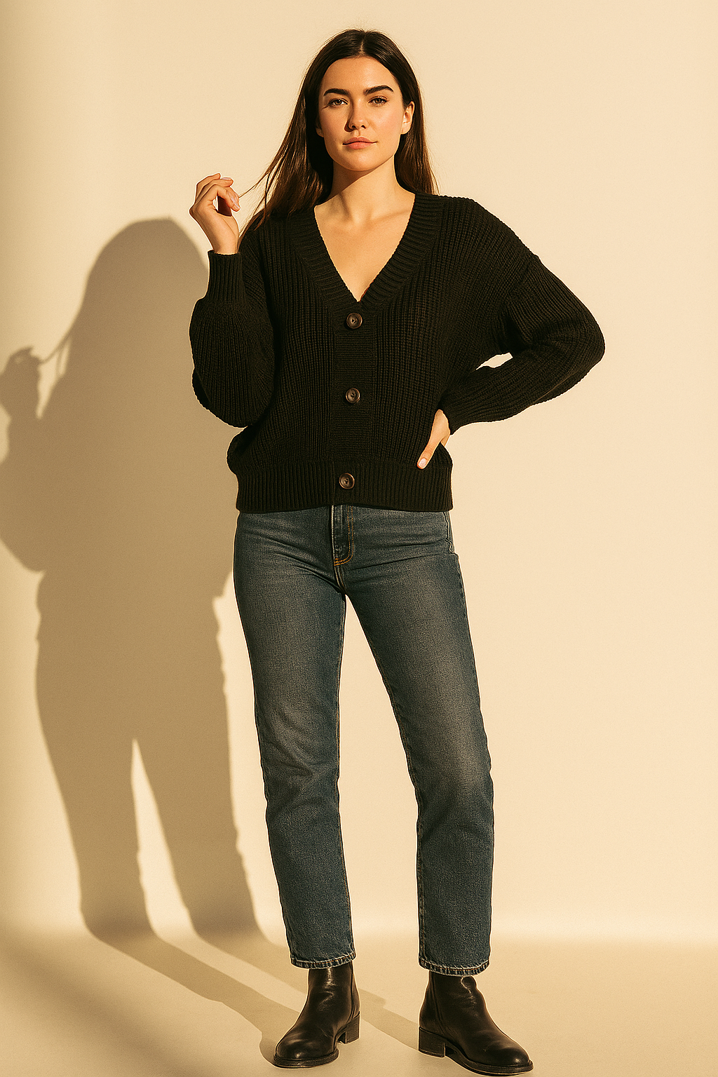 black  Chunky Knit Button-Up Sweater