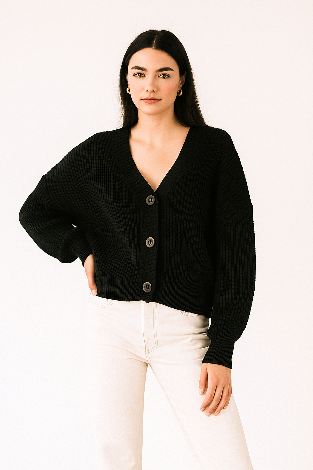 black  Chunky Knit Button-Up Sweater