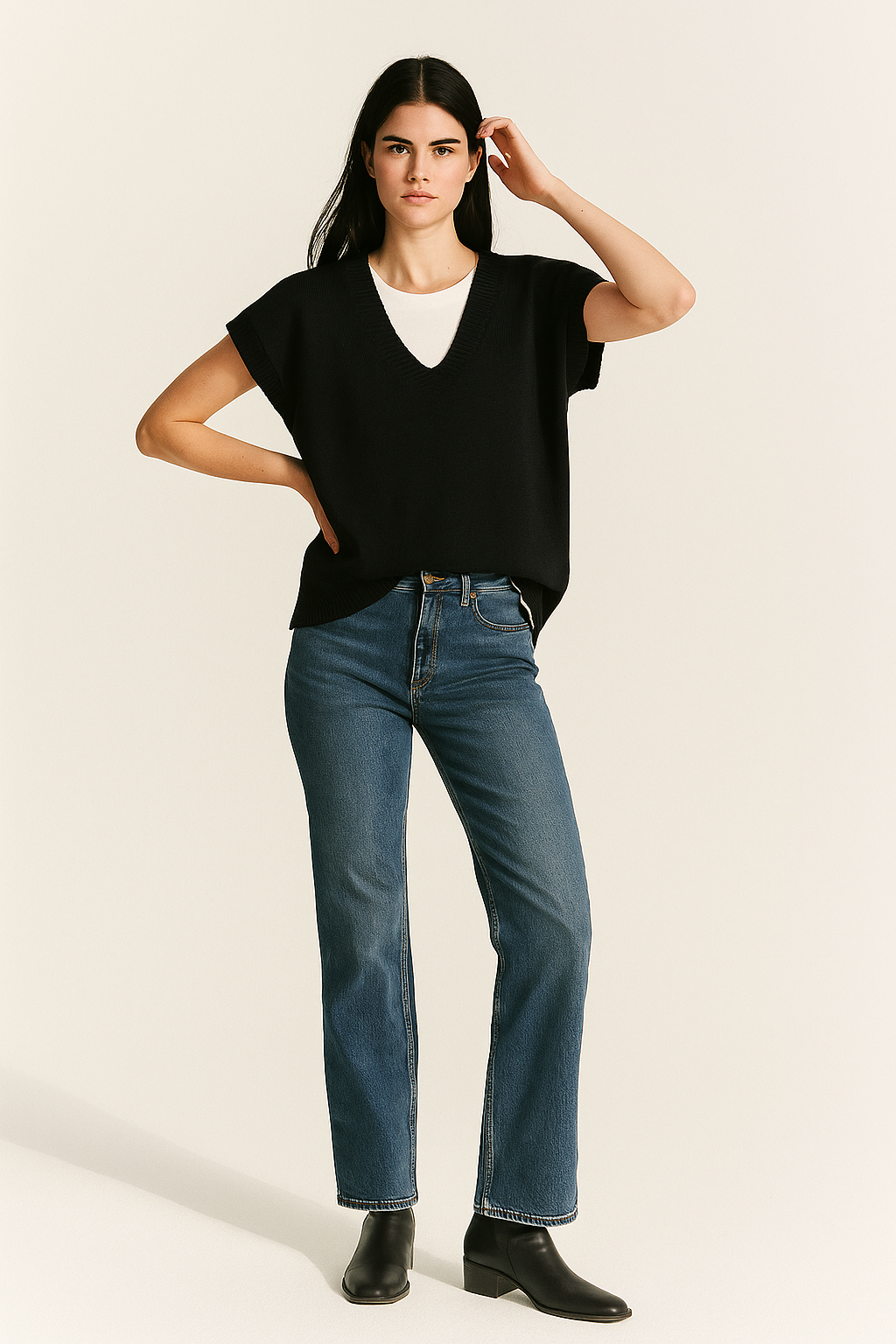 black V-Neck Solid Knit Sweater Vest
