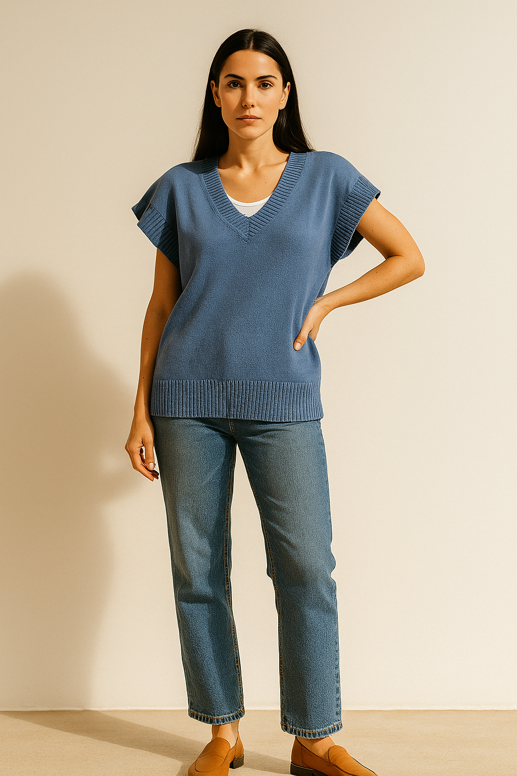 blue V-Neck Solid Knit Sweater Vest
