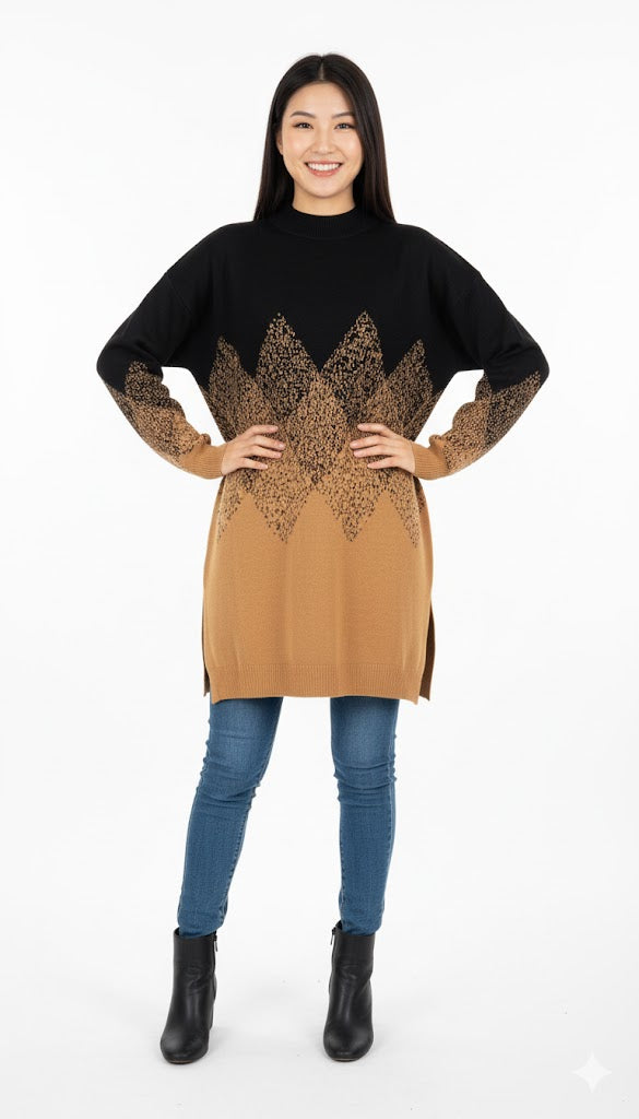 Geometric Pattern Oversized Turtleneck Top