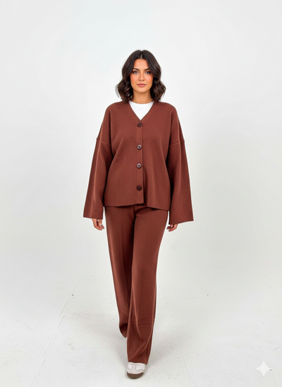 brown Ribbed Oversized Knit Set