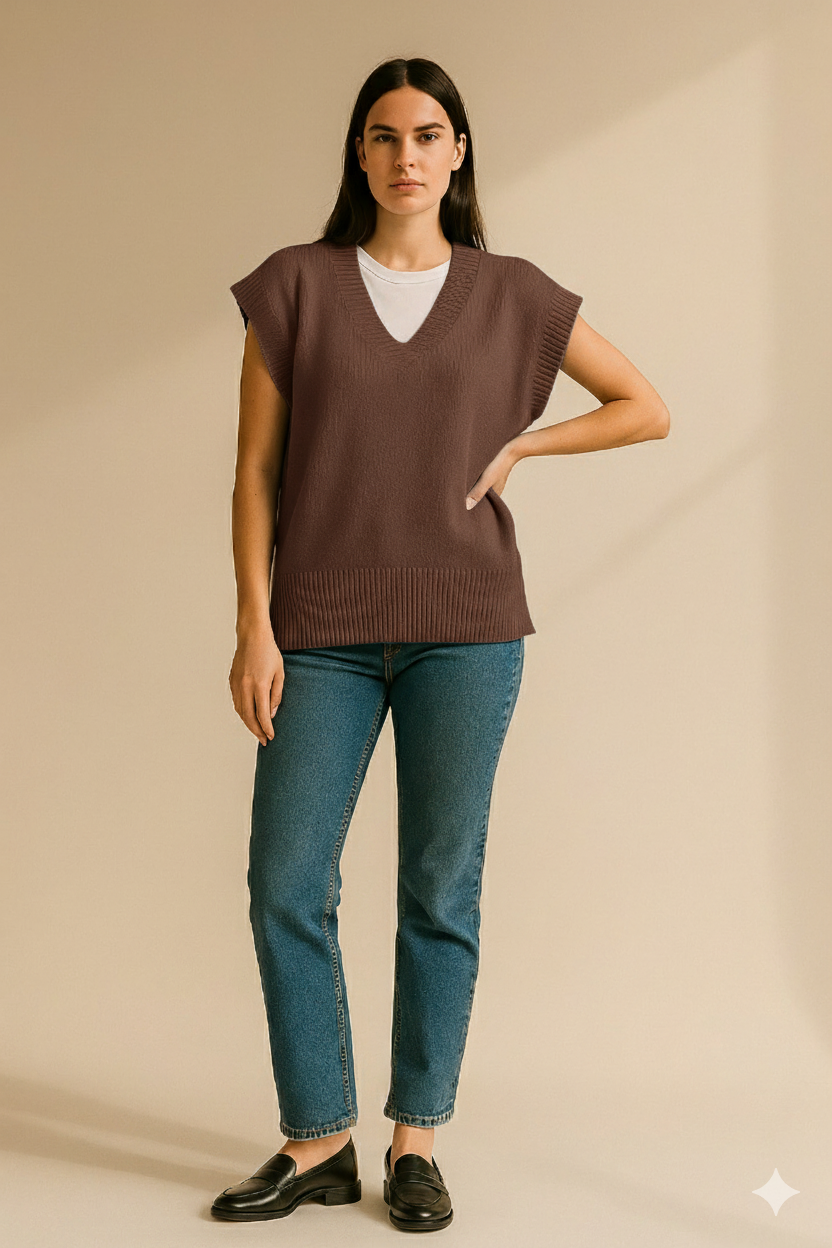 brown V-Neck Solid Knit Sweater Vest
