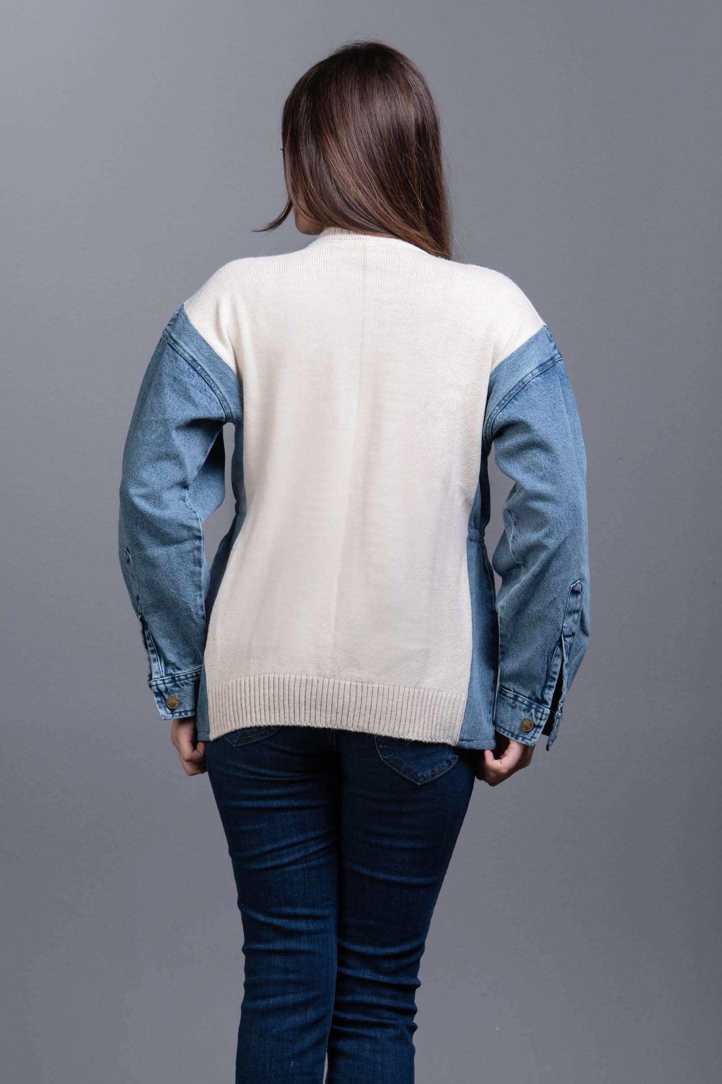 cable-knit Sweater with denim sleeves Beige Back