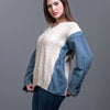 cable-knit Sweater with denim sleeves Beige Side