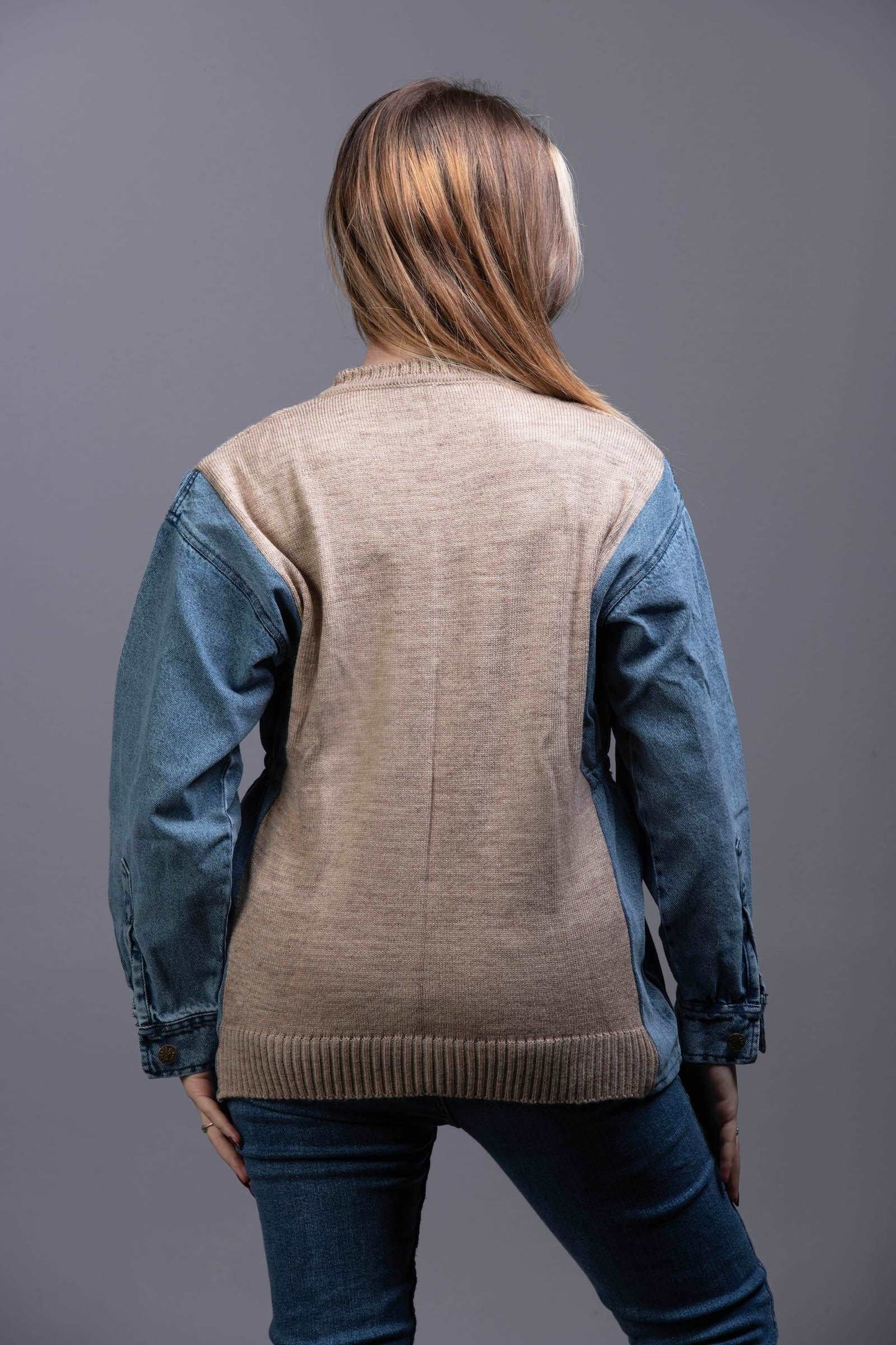 cable-knit Sweater with denim sleeves