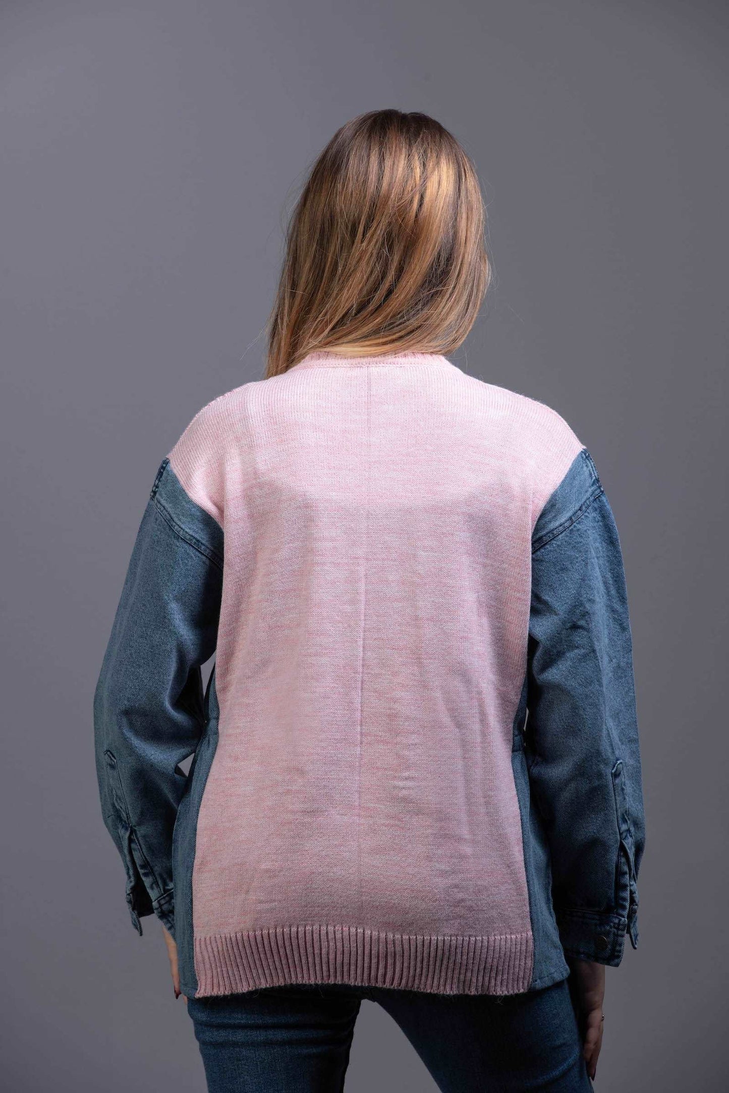 cable-knit Sweater with denim sleeves Pink Back