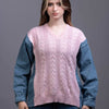 cable-knit Sweater with denim sleeves Pink Front