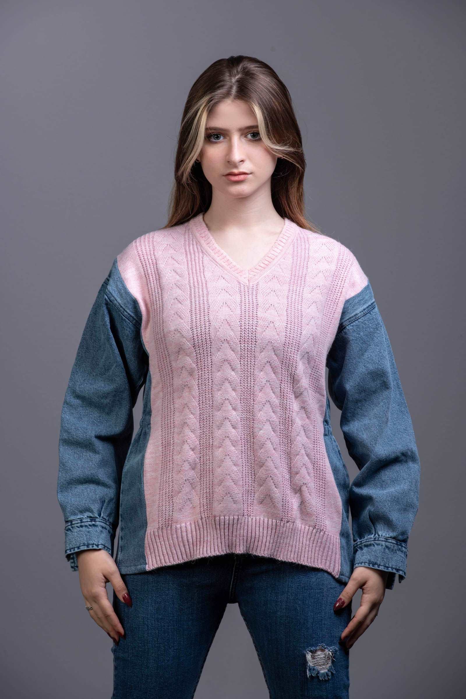 cable-knit Sweater with denim sleeves Pink Front