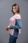 cable-knit Sweater with denim sleeves Pink Side