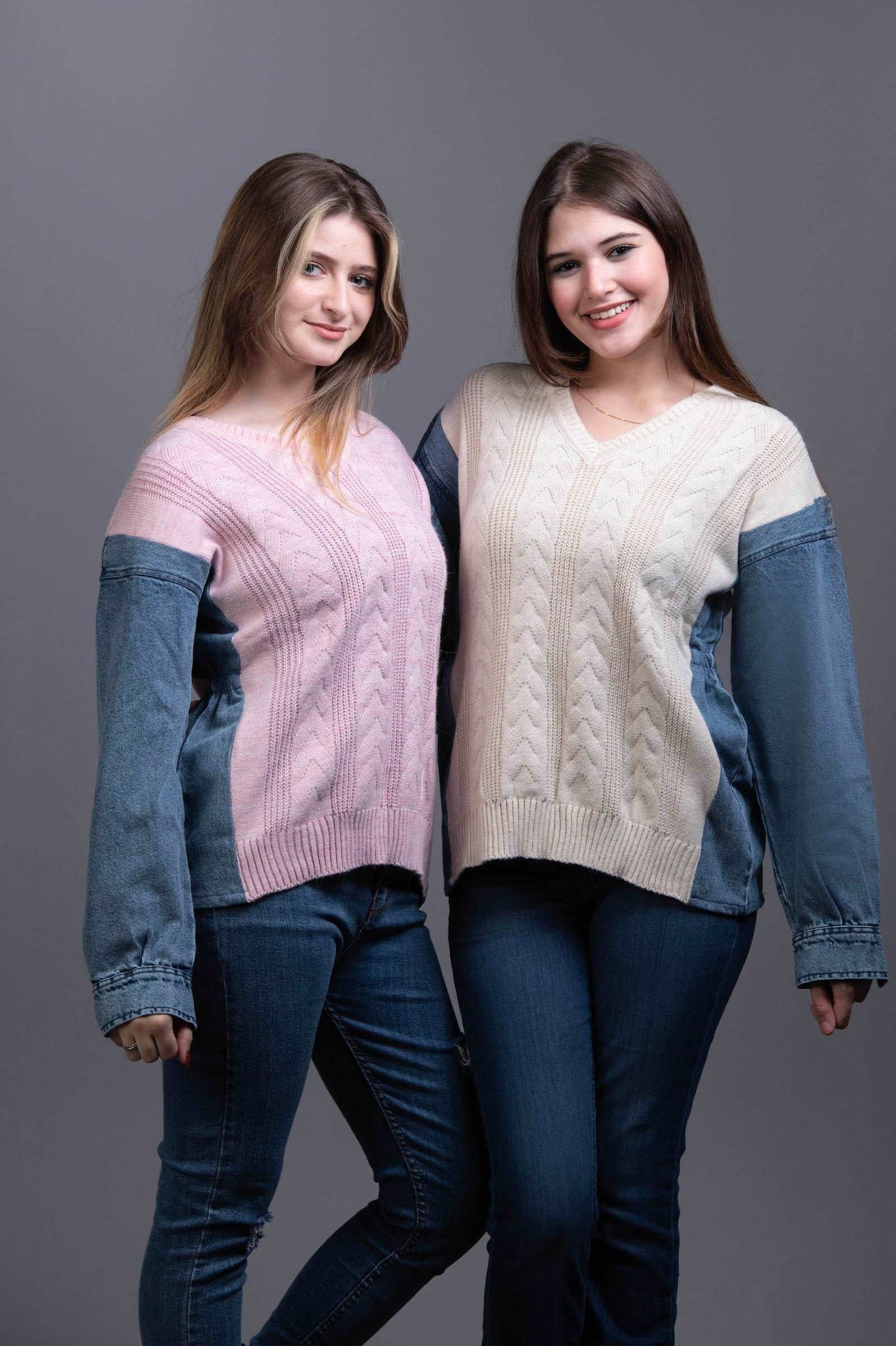 cable-knit Sweater with denim sleeves Style