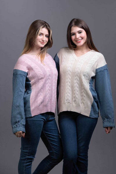 cable-knit Sweater with denim sleeves Style