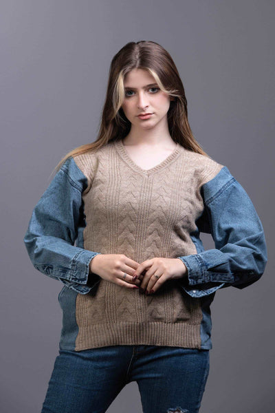 cable-knit Sweater with denim sleeves